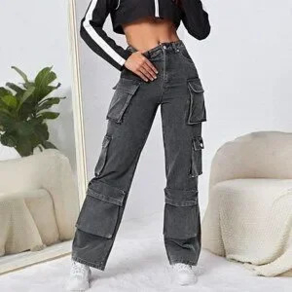 Dark Grey Casual Womens High Waisted Flap Pocket Cargo Jeans